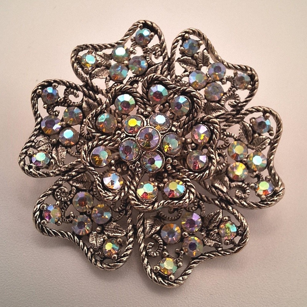 Vintage hearts brooch AB crystals filigree openwork antiqued gold tone